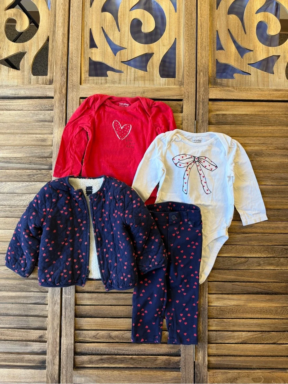 GAP Navy & Red Heart Girls Four-Piece Matching Pantsuit Onesie Set 18-24 Months